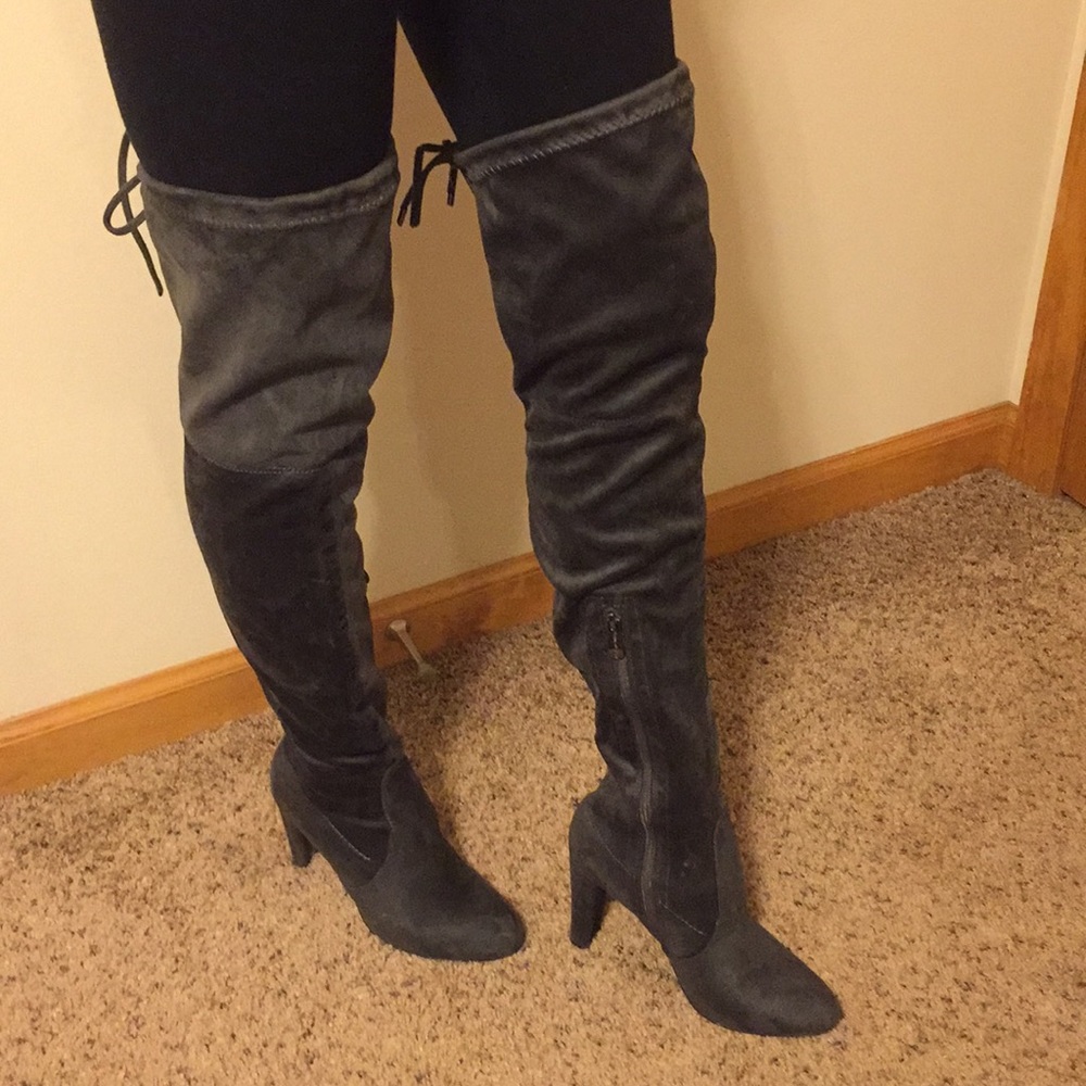 Gray knee high boots